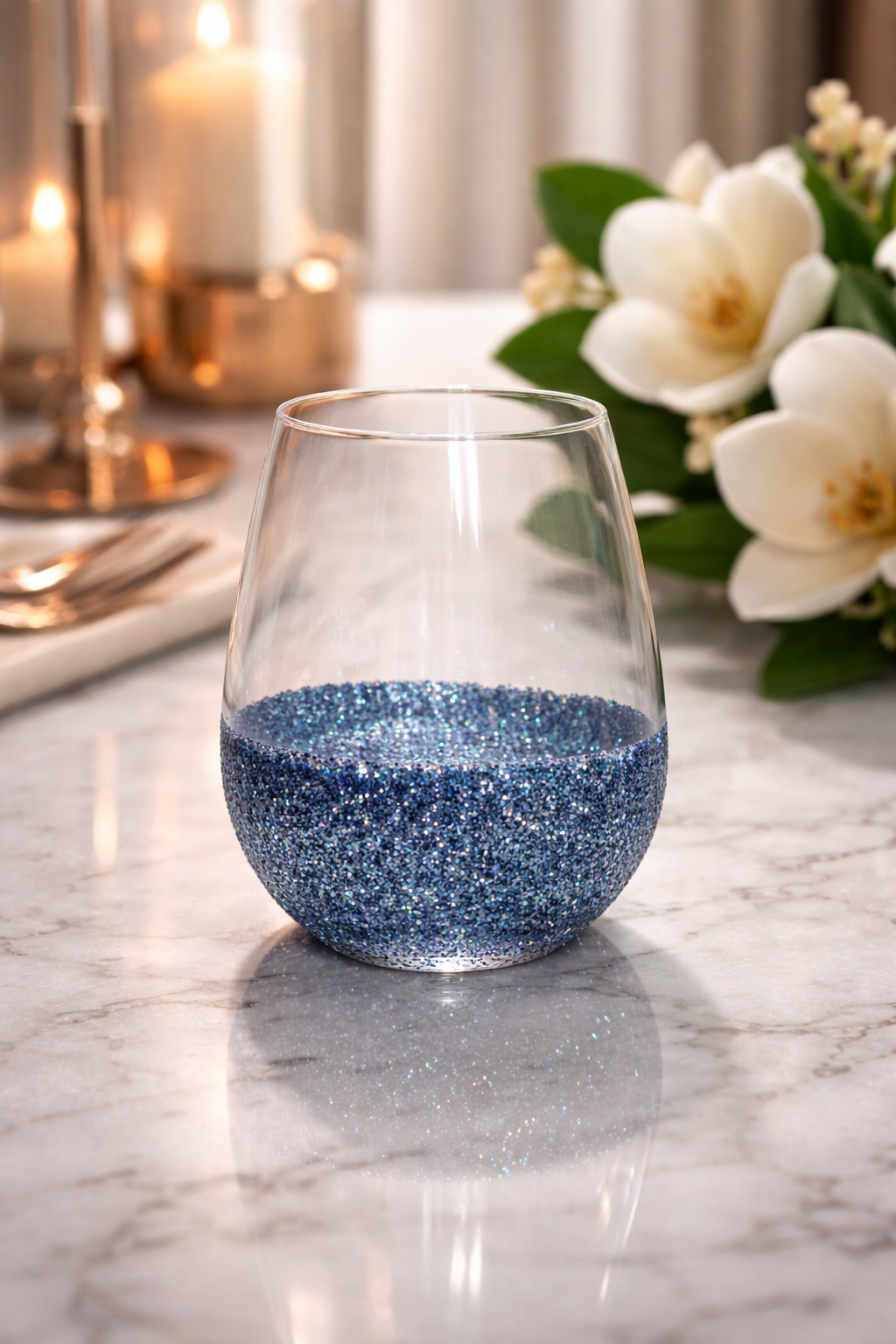 Midnight Sapphire Glitter Stemless Wine Glass